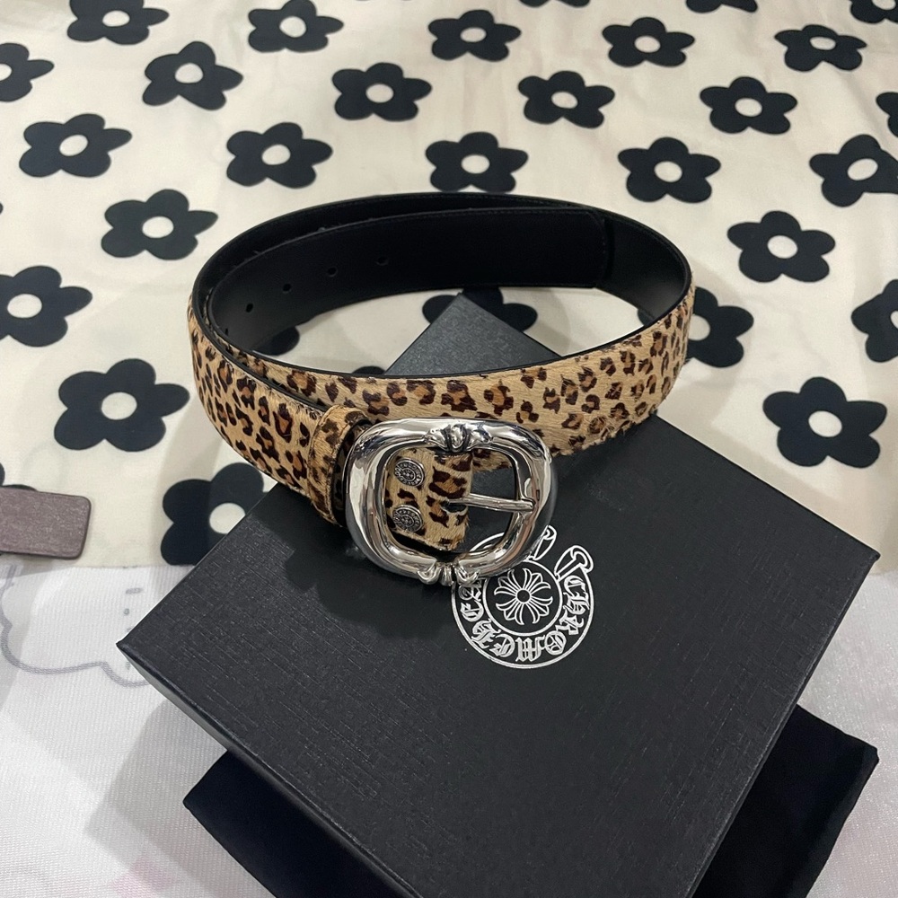 Chrome Hearts Leopard Print Leather Belt with Silver Buckle